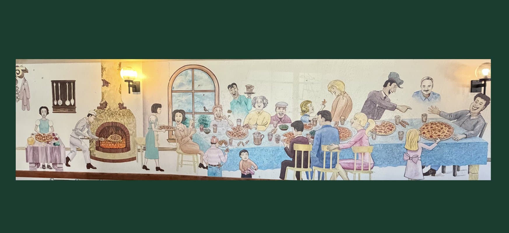 Hand-painted mural at Eddie's Pizza depicting a family pizza gathering